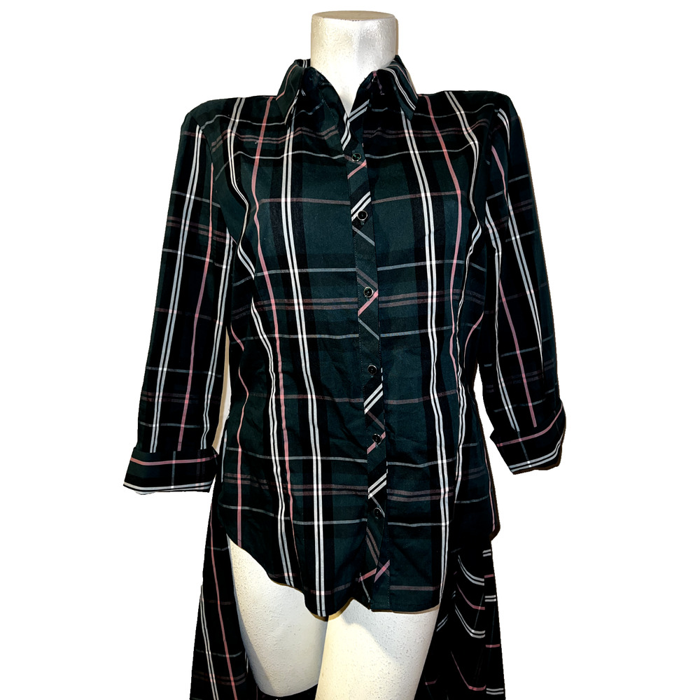 NEW YORK & COMPANY 7th Avenue Design Studio Plaid Button Long Drape Tail Shirt L - Picture 2 of 8